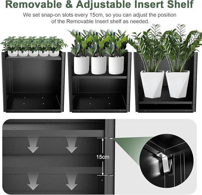 Metal Large Planter Box 26" L x 26" W x 26", Heavy Duty Tall Rectangle Outdoor Planter Box with Removable Insert Shelves for Porch, Garden, Patio, Yard (Black)