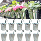 LaLaGreen Fence Planters for Outdoor Plants (10 Pack, 6 Inch) Railing Planter Metal Herb Garden Pots Outdoor, Hanging Silver Flower Buckets for Outside Wall Deck Patio Balcony Rail Farmhouse Rustic