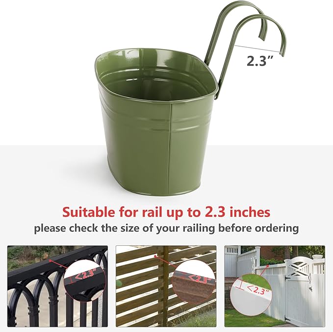 Dahey 10.5 Inch Metal Iron Hanging Flower Pots for Railing Fence Hanging Bucket Pots Countryside Style Outdoor Planter Window Flower Plant Holder with Detachable Hooks Home Decor,Green,3 Pcs