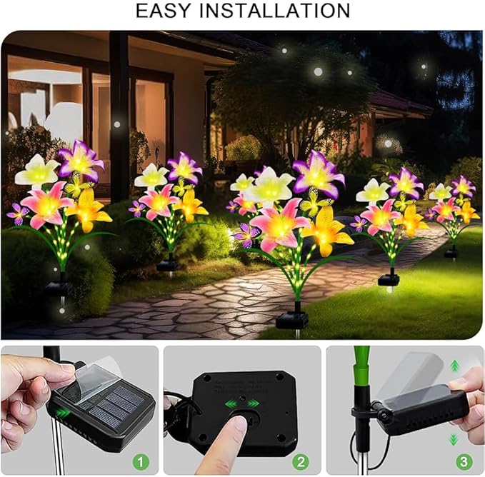 Solar Garden Lights 2 Pack with 8 Lilies Outdoor Decorative Flower Lights for Garden, Gift for Family and Friends, IP65 Waterproof Flower Solar Outdoor Stake Lights for Yard Patio Lawn Pathway