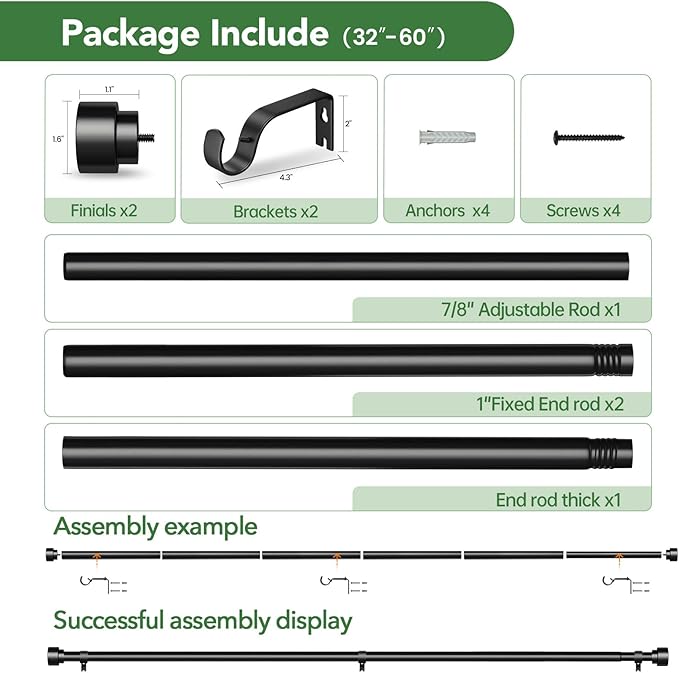 2 Pack Curtain Rods for Windows 28 to 48, 1 Inch Adjustable Black Heavy Duty Window Curtain Rod for Bedroom Living Room, Modern Drapery Rods with End Caps, Size 32"-60"