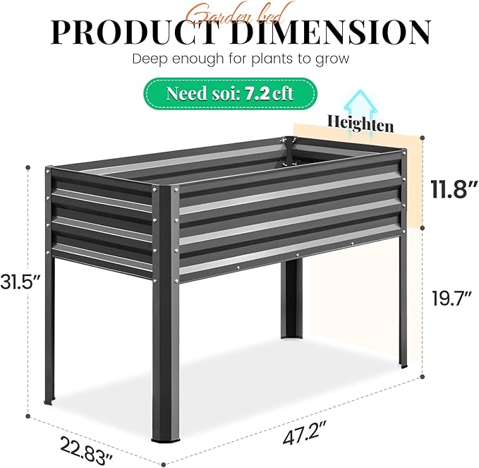 KING BIRD Large Raised Garden Bed with Legs Galvanized Elevated Planter Box 48×24×32 in for Backyard, Patio, Balcony, 400lb Capacity, Dark Grey 2pcs