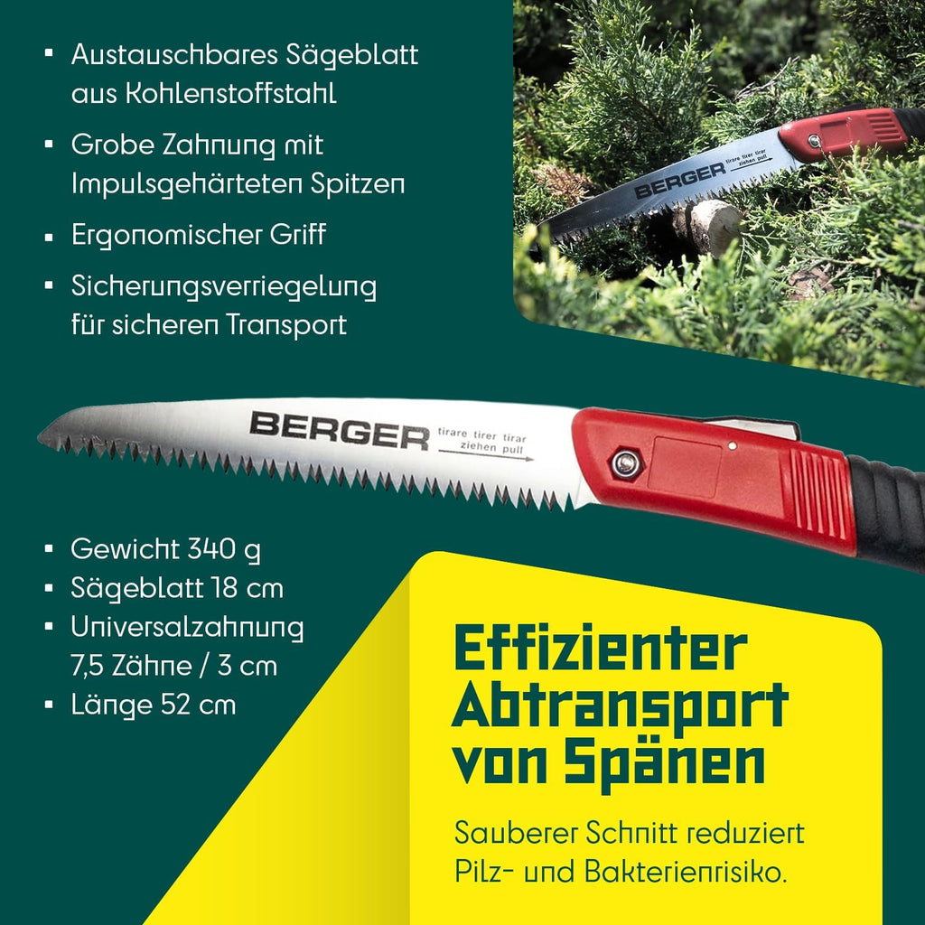 BERGER Folding Saw – Professional 7" Pull-Saw with Chrome-Plated Carbon Steel Blade, Coarse Teeth for Tree Trimming, Soft Wood Cutting, Camping, Gardening – 64650