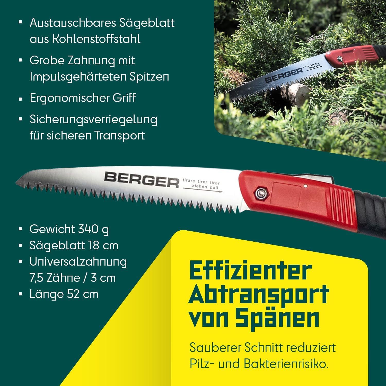 BERGER Folding Saw – Professional 7" Pull-Saw with Chrome-Plated Carbon Steel Blade, Coarse Teeth for Tree Trimming, Soft Wood Cutting, Camping, Gardening – 64650