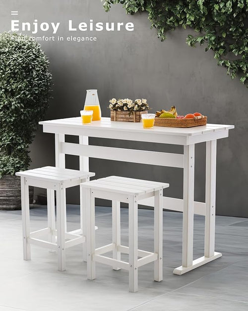 3 Piece HDPE Outdoor Bar Height Table and Chairs Set of 2 Includes High Top Patio Table and Chairs, Outside Patio Bar Set for Bistro,Balcony,Backyard,Poolside (White, 3 Piece)