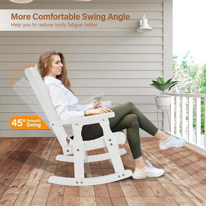 VINGLI Outdoor Rocking Chair Set of 2, Heavy Duty 600 LBS Wooden Rocking Chair with Comfortable Backrest, Weatherproof Rocker with Ergonomic Design, Suit for Patio, Garden, Yard, White