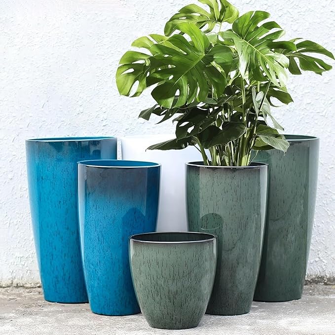 24/21/11 Inch Tall Planter Pots Garden Plastic Planters - Set of 3 for Indoor & Outdoor Use - Decorative Lightweight Flower Pots (Dark Grey)