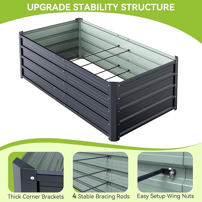 Ohuhu 6x3x1.5FT Metal Raised Garden Bed Outdoor, Reinforced Galvanized Steel Rustproof Planter Box, 100% Non-Toxic, 202 Gal Large Capacity Heavy Duty Raised Beds for Growing Vegetables Flowers Herbs