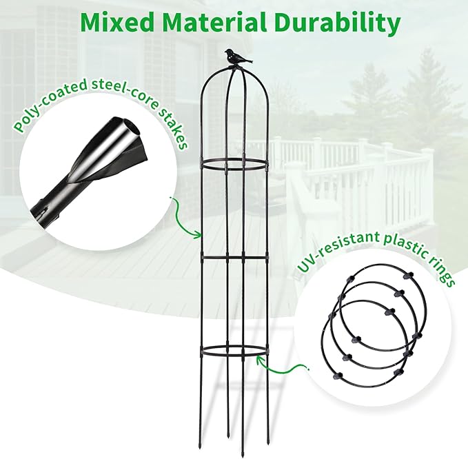 Lalahoni Garden Obelisk Trellis for Climbing Plants Outdoor, 6ft Round Rose Trellis for Pots, Metal Plant Support for Clematis, Jasmine, Ivy, Decorative Outdoor Trellis, Black, 2Pack