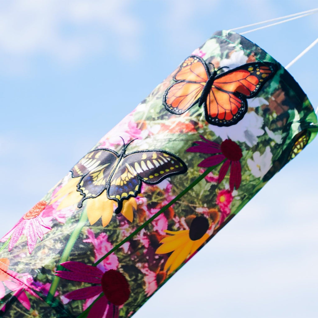 In the Breeze 5271 — Summer Garden 40-inch Illusion Windsock — Vibrant Decor, Embroidered Details, Fully Printed Tails
