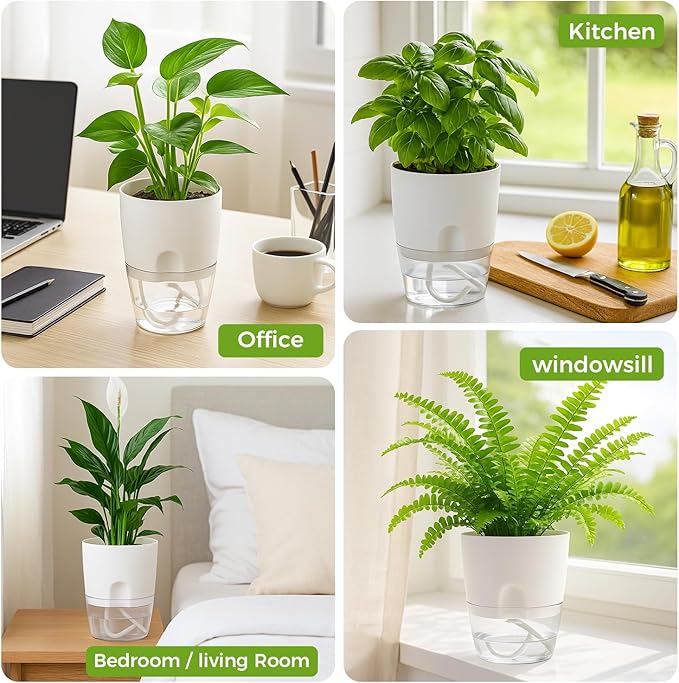 Planterhoma 5 Pack Self Watering Pots for Indoor Plants, 4 Inch Plant Pot Plastic Self Watering Planter for Orchid, African Violet, Small Clear Flower Pots with Drainage Holes and Wicking Rope, White
