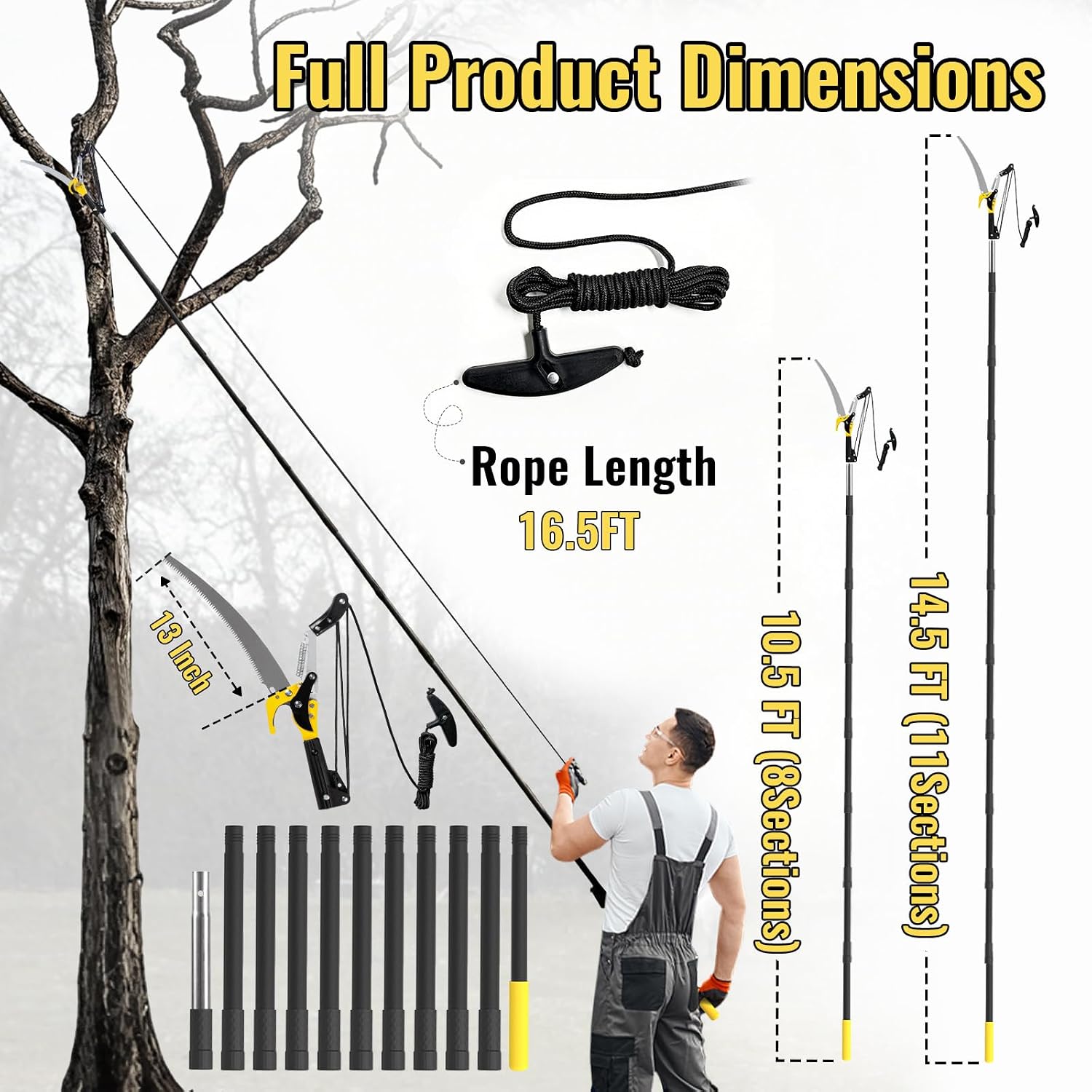 14.5FT Pole Saw for Tree Trimming, 2-In-1 Manual Tree Pruner with Saw, Extendable Long Handle Pole Tree Trimmer, High Reach Limbs Branch Cutter and Pruning Shears for Yard Garden Palm Shrubs