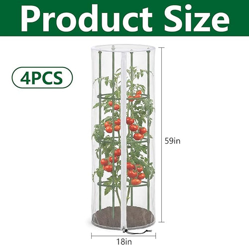 4 Pcs Garden Bird Netting Cover for Round Tomato Cage, 59" x 18" Tomato Trellis Insect Barrier Protection Mesh, Plant Cage Garden Net Cover with Zipper for Vertical Climbing Plants Vegetables Fruits