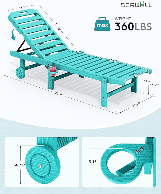SERWALL Outdoor Chaise Lounge Set of 4, 78" Patio Lounge Chair with 5 Positions Adjustable Backrest, HDPE Lounger with Rolling Wheels & Cup Holder for Poolside, Beach, Garden, Aruba
