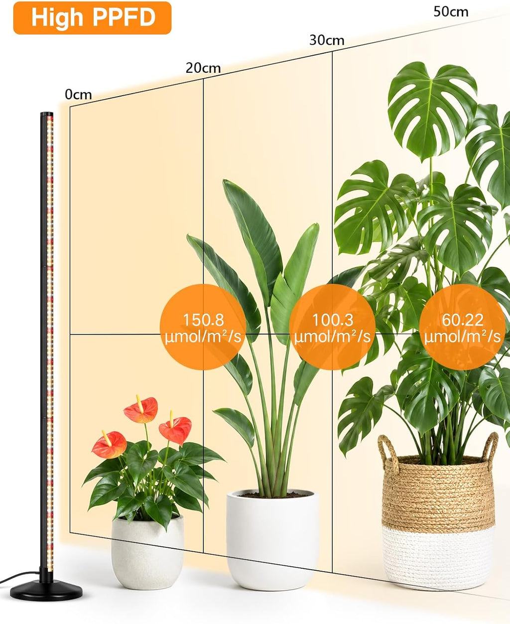 OUTON Standing Grow Lights for Indoor Plants, 36W Full Spectrum Plant Light | Vertical grow light with 210 LEDs, 6000K, 4/8/12H timer, remote control, adjustable 1.25-5.25 ft for indoor plant growth