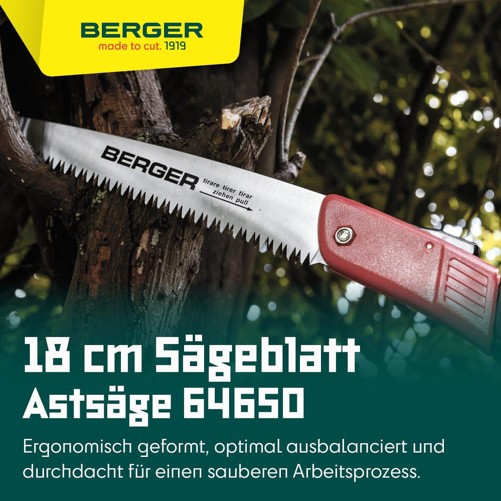 BERGER Folding Saw – Professional 7" Pull-Saw with Chrome-Plated Carbon Steel Blade, Coarse Teeth for Tree Trimming, Soft Wood Cutting, Camping, Gardening – 64650