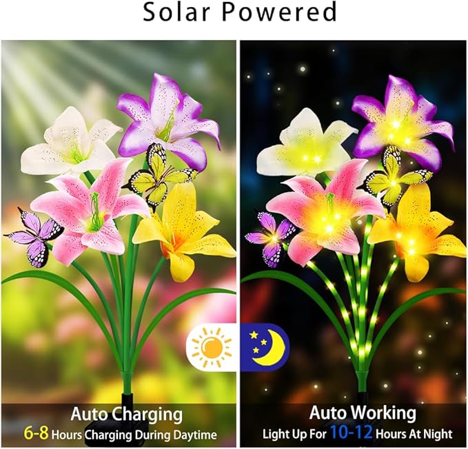 Solar Garden Lights 2 Pack with 8 Lilies Outdoor Decorative Flower Lights for Garden, Gift for Family and Friends, IP65 Waterproof Flower Solar Outdoor Stake Lights for Yard Patio Lawn Pathway