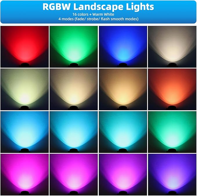 Low Voltage Landscape Lighting,12V-24V RGBW Color Changing Landscape Lights IP67 Waterproof Landscape Spotlights for Garden Yard Holiday Halloween Christmas Decor (6 Pack)