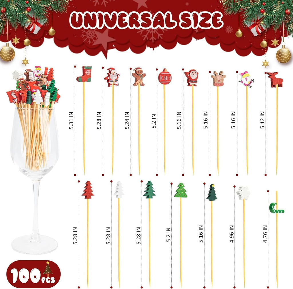300 Pack Christmas Cocktail Picks Party Supplies, 15 Kinds of Toothpicks for Appetizers, 5.1 Inch Natural Bamboo Tree Cocktail Picks Charcuterie Drink Stirrers Skewers Holiday Decorations Decor