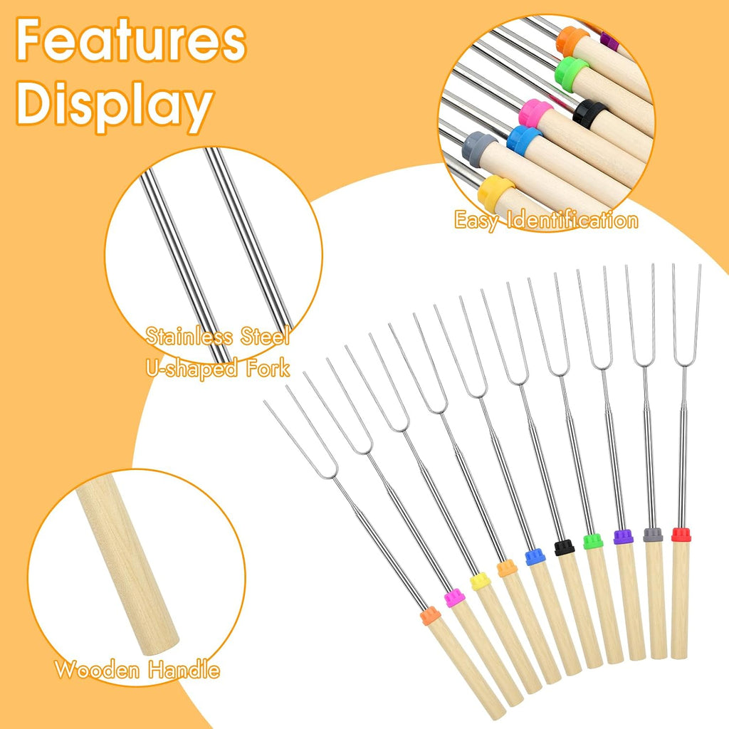 10 Pack Smores Sticks, 32 Inch Marshmallow Roasting Sticks for Fire Pit | Extendable Roasting Skewers with Bag. Hot Dog Fork. Smores Kit for Campfire Camping Essentials. 304 Stainless Steel.