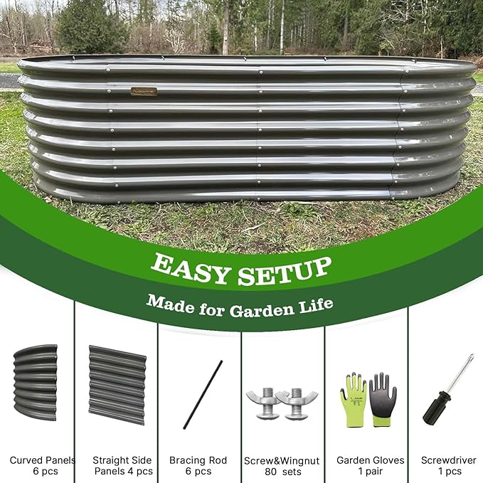 A ANLEOLIFE 8x4x2ft Galvanized Raised Garden Bed Kit, Oval Metal Deep Root Planters for Outdoor Plants Vegetables Flowers Herb, Large Bottomless, 478 Gallon Capacity- Quartz Grey