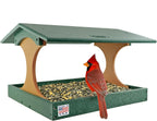 DutchCrafters Amish USA Made Poly Extra Large Fly Through Bird Feeder Post Mount for 4" x 4", Covered Bird Feeder Open Platform Seed Tray for Outdoor, Outside, Garden, Yard (Turf Green & Cedar)