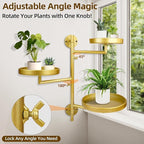 Rotating Window Plant Shelves with Adjustable Knobs, 3 Tiers Metal Wall Shelf for Plants Indoor, Sturdy Hanging Plant Holder, Window Wall Decor & Gardening Gifts (Golden)