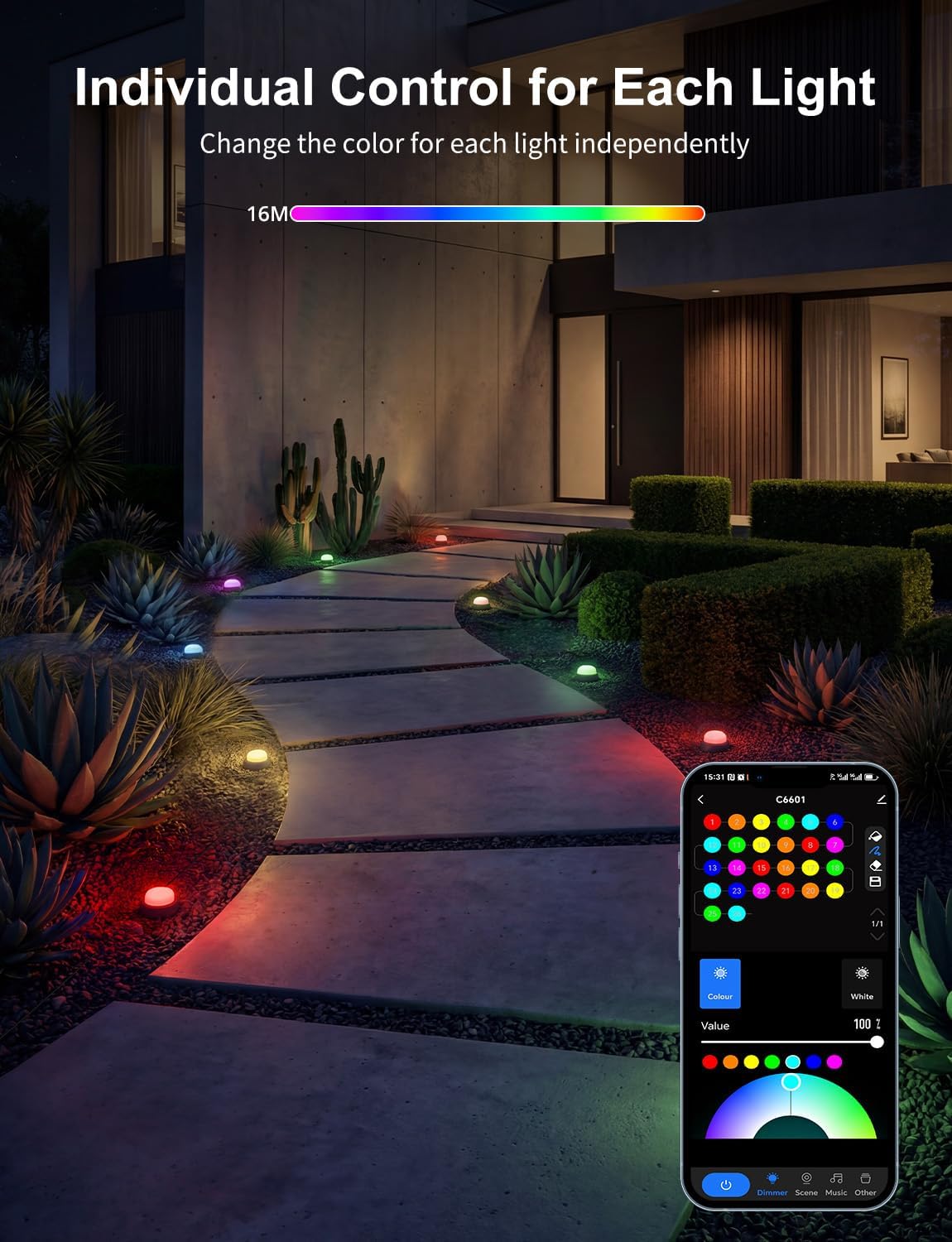 Outdoor Ground Lights 15 Pack, 32FT RGBCW Pathway Lights Wired | Color Changing Landscape Lights, 2200-6500K CCT, IP65 Waterproof, for Path Garden Lawn, Holiday/Party Decor, Alexa Compatible