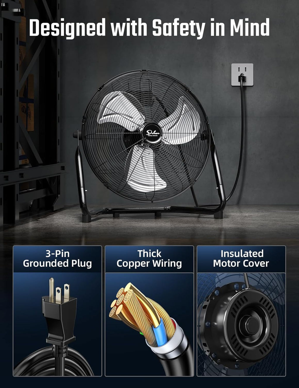 simple deluxe 12 inch 3-speed high velocity heavy showing dimensions