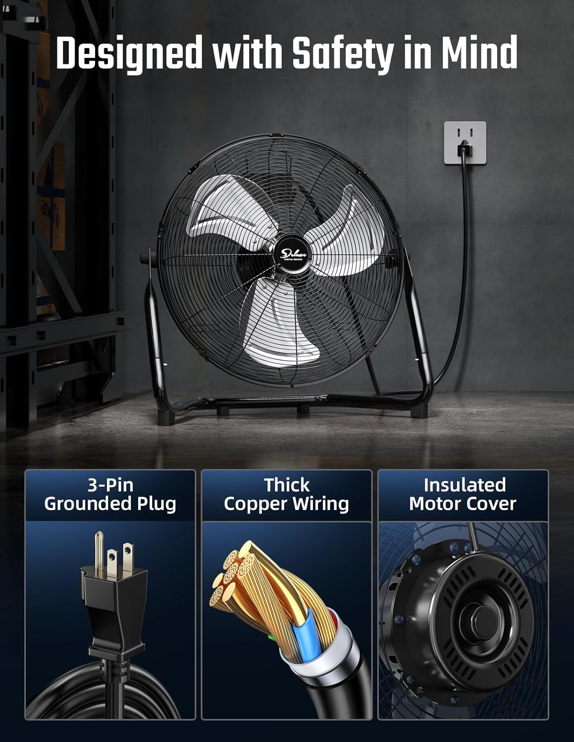 simple deluxe 12 inch 3-speed high velocity heavy showing dimensions
