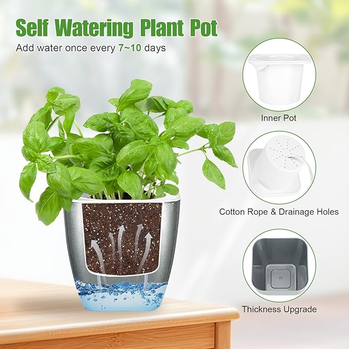 8 Pack 4-inch Plant Pots Indoor Garden Decorative Flower pots Small Self-Watering Planters for Small Plants WindowSill Planters for Succulents, African Violets, Herbs(Sliver Black)