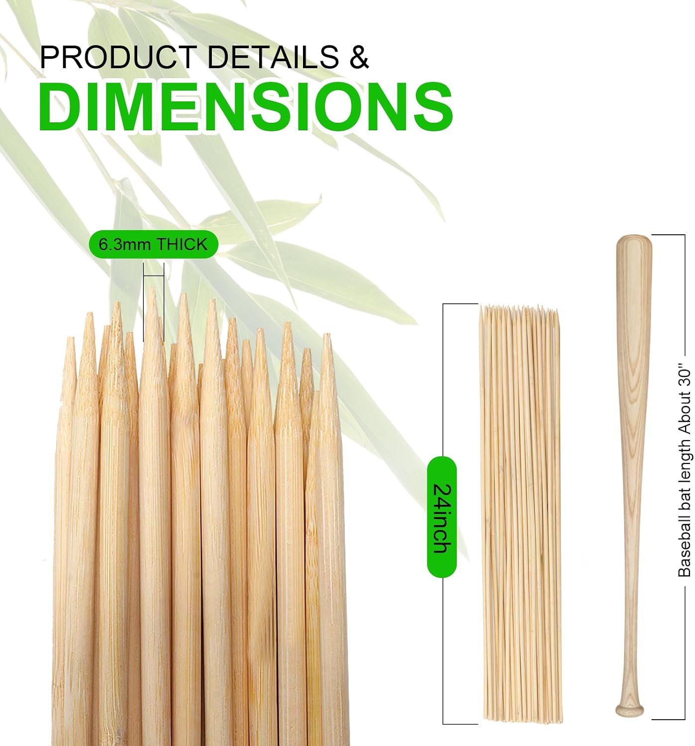 BETESINE 24 Inch Bamboo Marshmallow Roasting Sticks, 100 Pack, 6.3mm | Long 24-inch bamboo s'mores sticks for fire pits, campfires, hot dogs and cookouts; 100 disposable roasting sticks