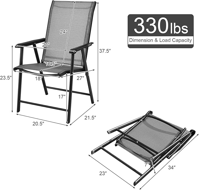 Giantex Set of 2 Patio Folding Chairs, Outdoor Chairs with Armrest, Portable Dining Chairs for Porch Camping Pool Beach Deck Lawn Garden, 2-Pack Patio Sling Chairs, Metal Frame, Grey
