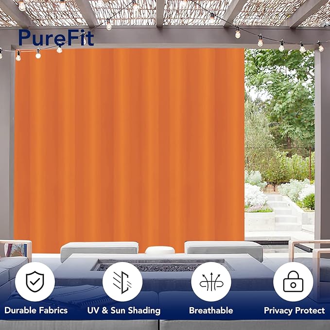 PureFit Outdoor Curtains for Patio Waterproof Weatherproof, UV Resistant Outside Curtains for Gazebo, Front Porch, Pergola, Sun Blocking Privacy Curtain, 120W x 95L inch, 1 Panel, Orange