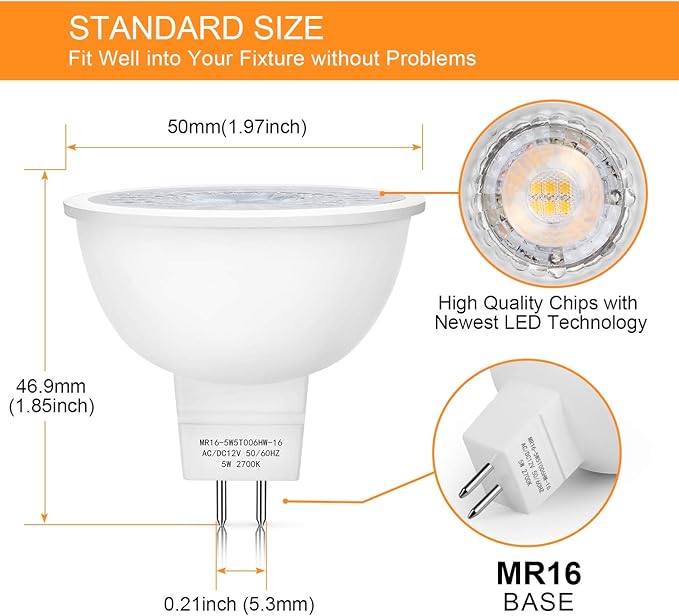 Mlambert 36 Pack MR16 LED Bulbs 50W Halogen Equivalent,2700K Warm White,5W GU5.3 MR16 12V Spotlight Bulb,Non-Dimmable,45° Beam Angle for Landscape
