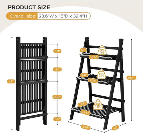 39.4" Foldable Plant Shelf Ladder Shelf, 3 Tier Bamboo Ladder Flower Pot Display Shelf, Freestanding Ladder Bookshelf for Garden, Balcony, Yard, Living Room, 23.6" W x 15" D x 39.4" H, Black