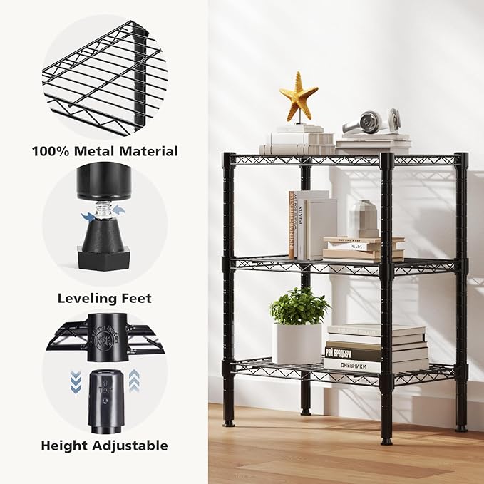DUMOS 3-Tier Metal Wire Storage Shelves, Adjustable Standing Storage Rack Shelf, Heavy Duty Steel Shelving Unit Organizers for Kitchen Bathroom Pantry Garage, 23.2" W×13.4" D×30.3" H, Black