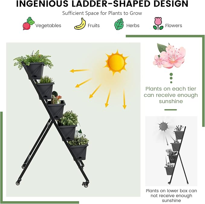 Giantex Set of 2 Vertical Raised Garden Bed on Wheels, Elevated Planter Raised Beds with Water Drainage, Freestanding 5 Container Boxes for Vegetables and Flowers Growing, Outdoor Indoor Patio Balcony