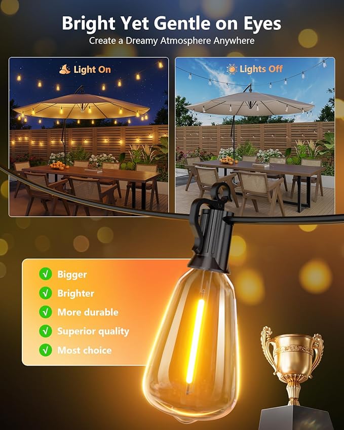 Brightown 76FT Solar String Lights Outdoor Waterproof with Remote, 23+1 LED Shatterproof Bulbs, Dimmable & Timable, 3 Light Modes - Commercial Grade Patio Lights for Garden Backyard Party Decor