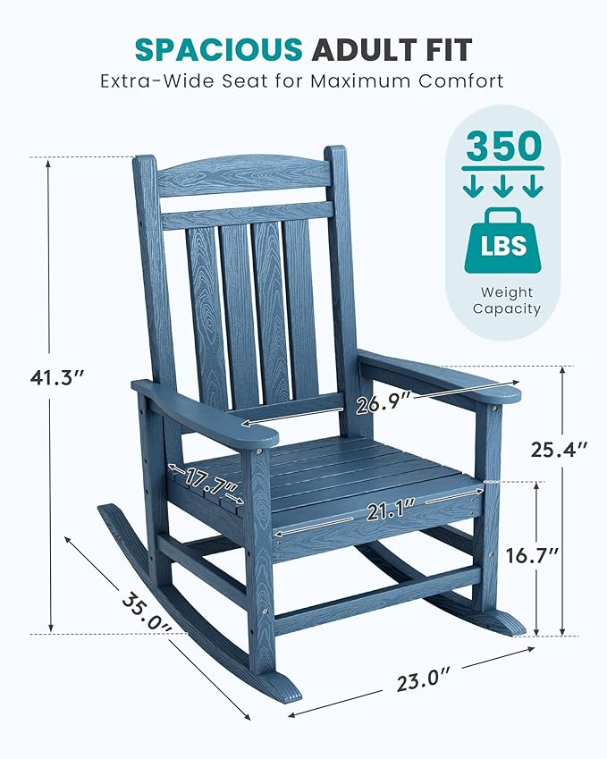 SERWALL Oversized Outdoor Rocking Chair, All-Weather Patio Rocking Chair, HDPE Porch Rocker for Adults, Blue