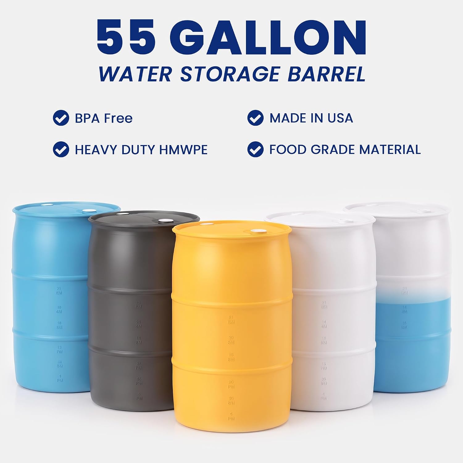 55-Gallon Water Storage Barrel, BPA Free, Emergency Water Supply - Eco Friendly - Made in USA (Blue)