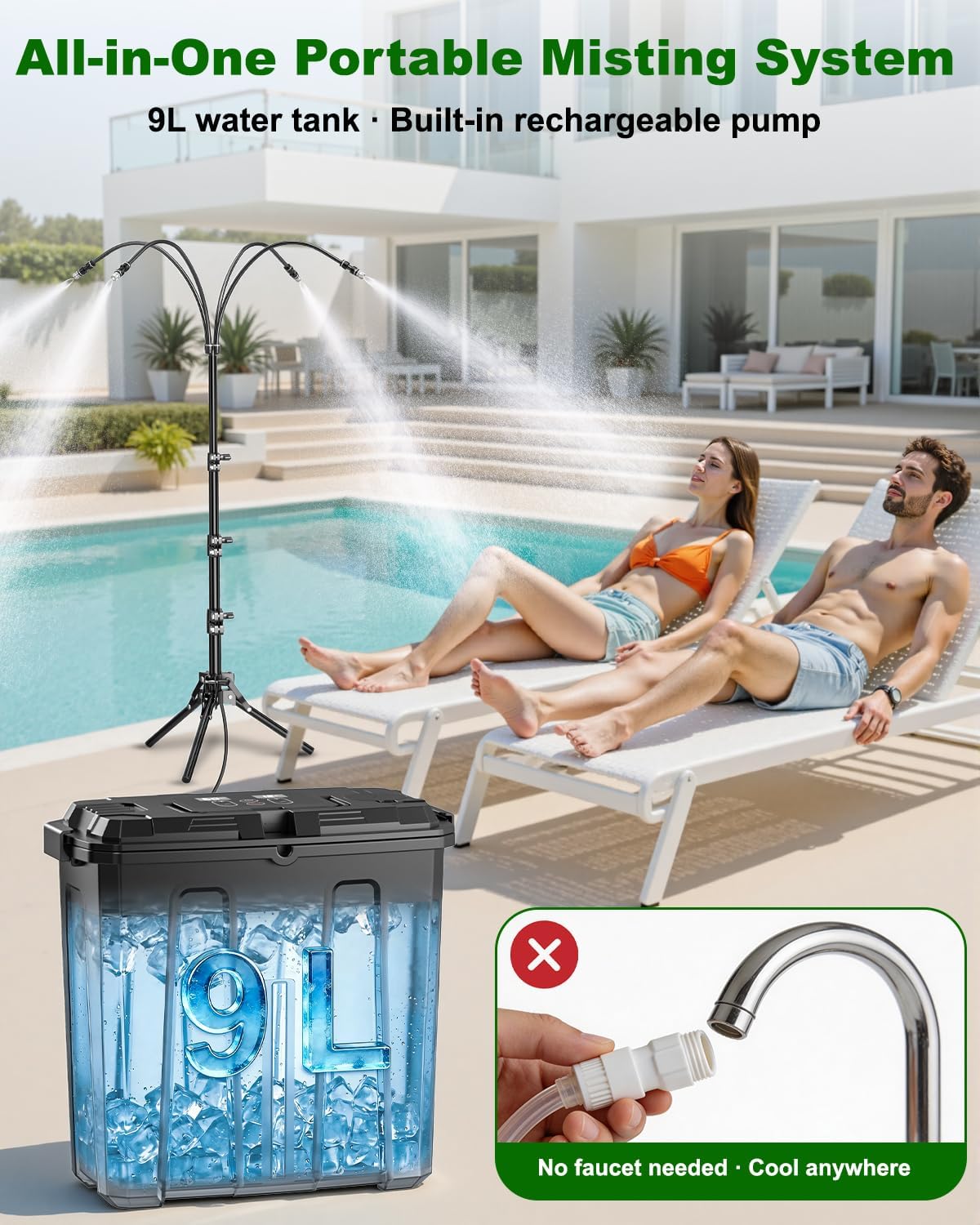 ausic portable misting system with stand, water cooling shown in use