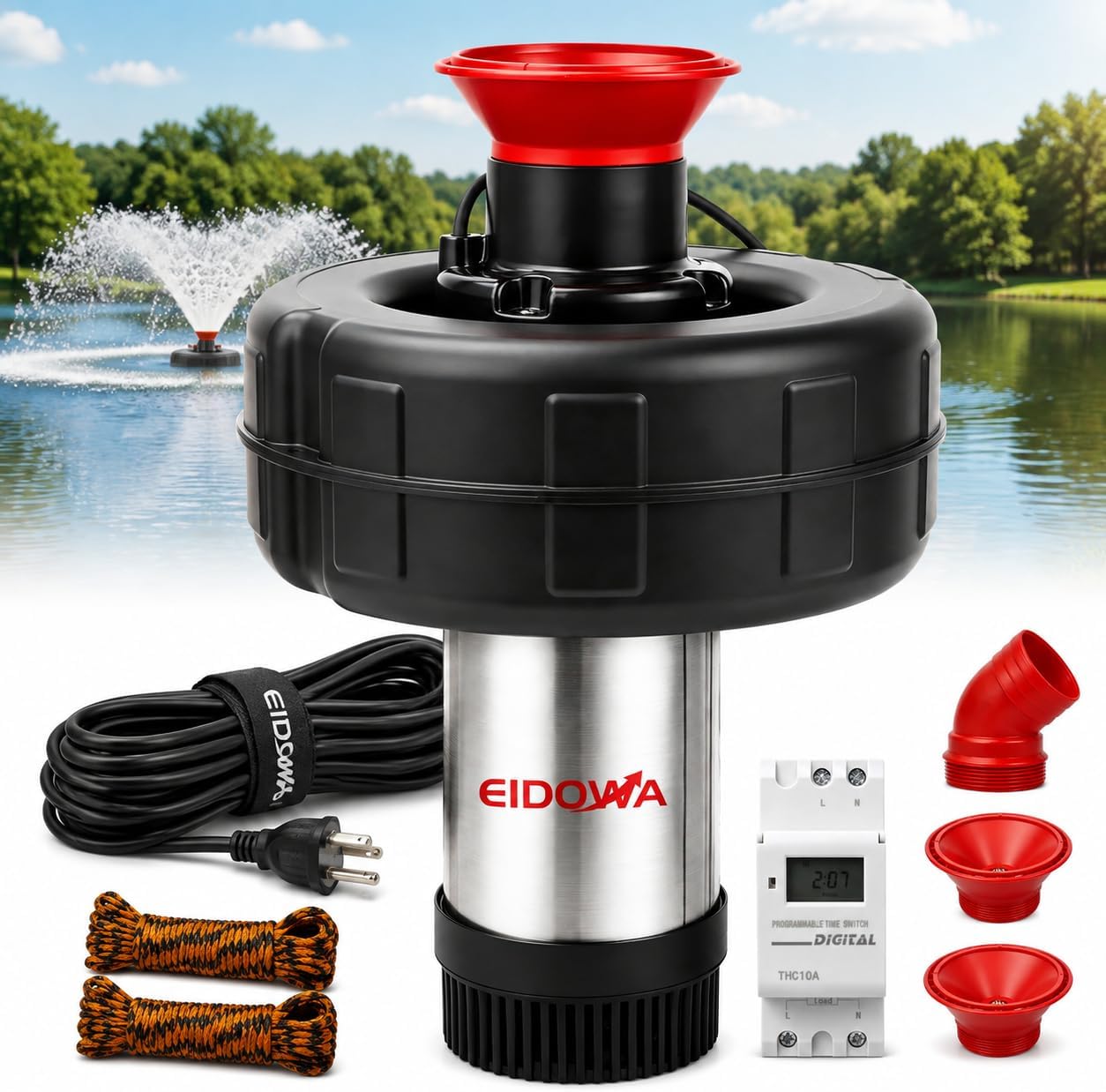 1HP Floating Pond Fountain Aerator, 15000GPH, 110V, Red | 304 Stainless Steel, Smart LCD Timer, Anti-Drift Base, 100 FT Copper Cord, Dual Fountain Nozzles