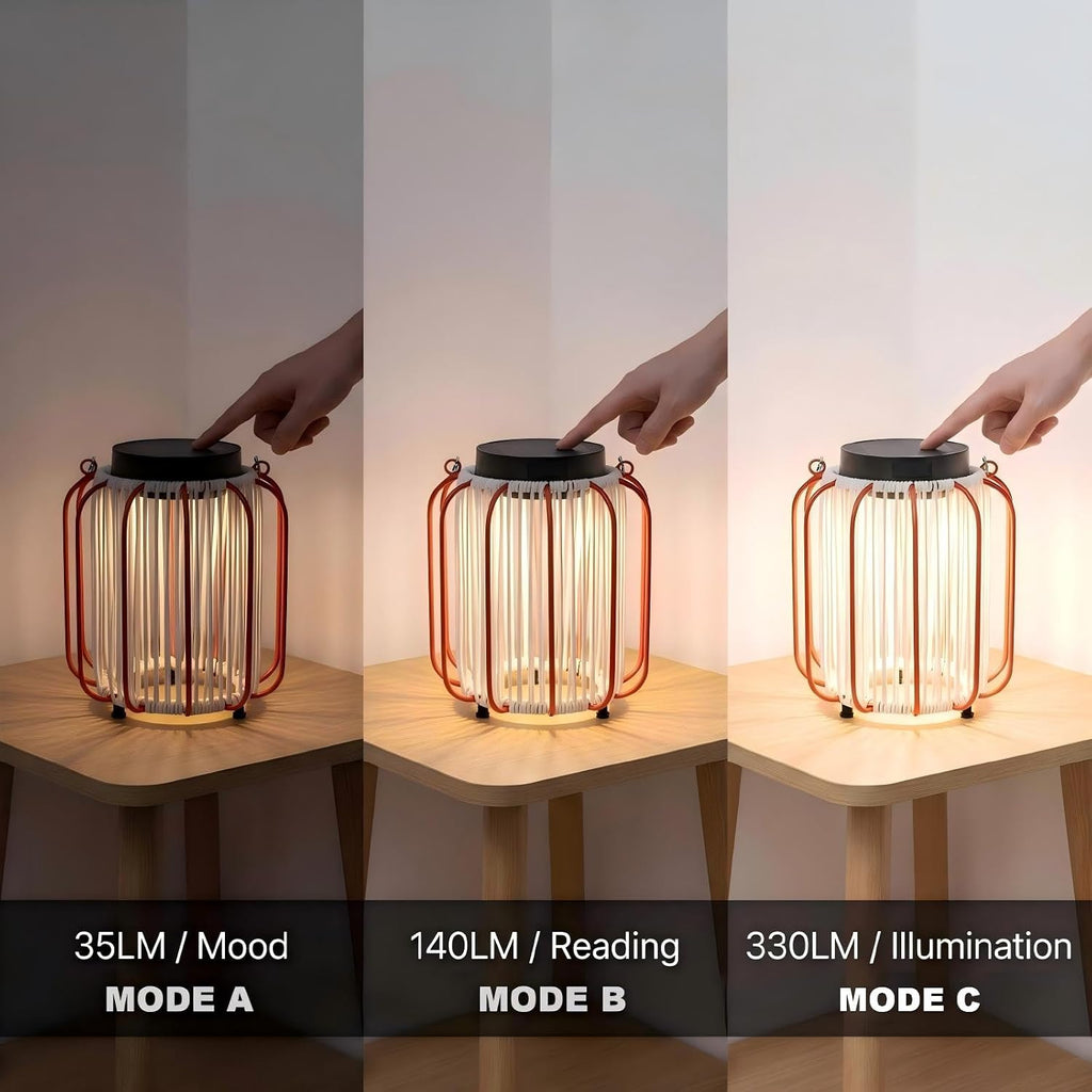 Outdoor Solar Lantern for Patio Waterproof, Rechargeable Table Lamp | IP54, 3000mAh 30H+ Runtime, USB-C & Solar Charging, Boho, Iron-frame, 3 Brightness Level