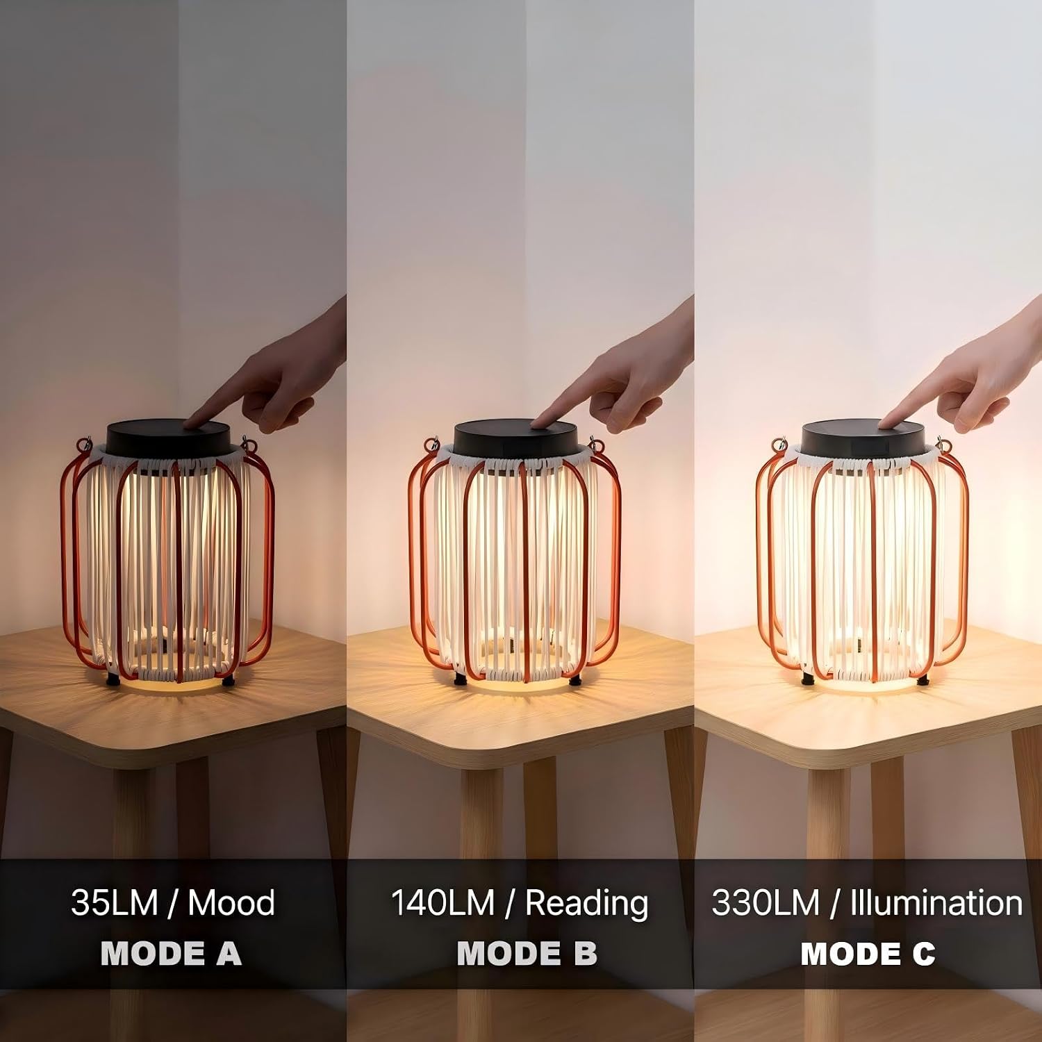 Outdoor Solar Lantern for Patio Waterproof, Rechargeable Table Lamp | IP54, 3000mAh 30H+ Runtime, USB-C & Solar Charging, Boho, Iron-frame, 3 Brightness Level