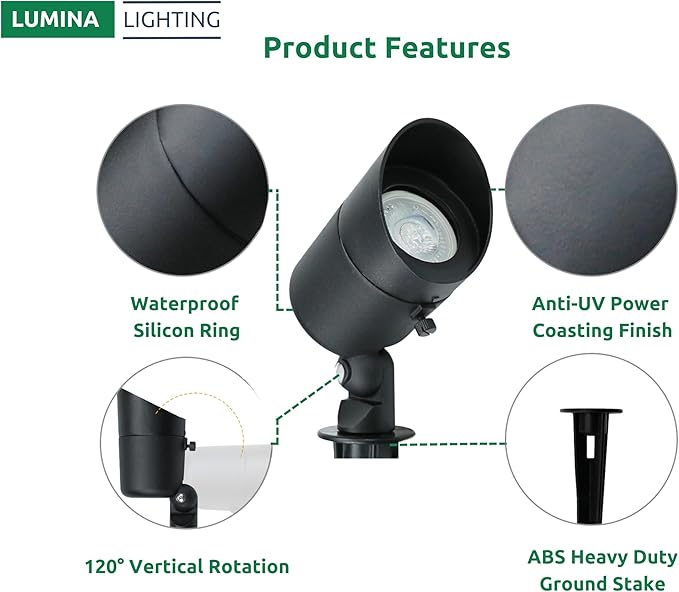Lumina Lighting® 5W Landscape Lighting 12V Landscape Lights Low Voltage Landscape Spotlights Warm White Waterproof Outdoor Replaceable LED Bulb for Garden,Lawn,Porch,Patio and Yard (Black) (2-Pack)