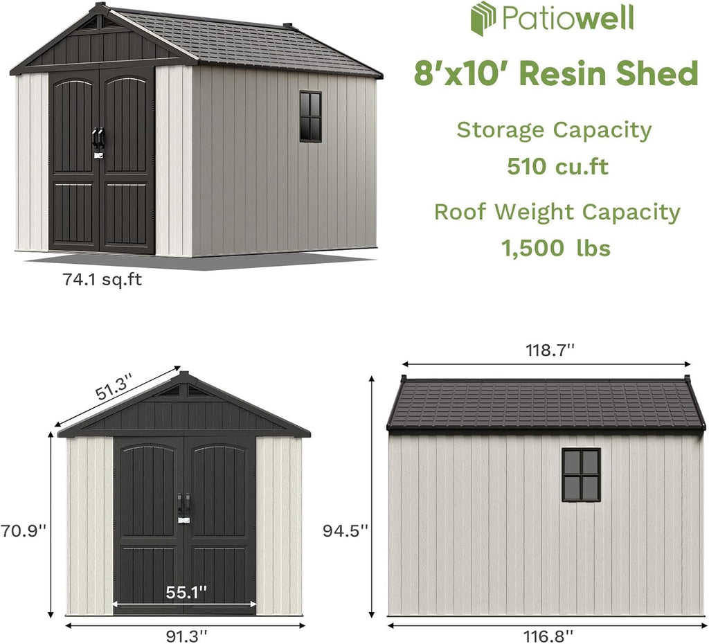patiowell 8x10 ft resin outdoor storage shed with showing dimensions