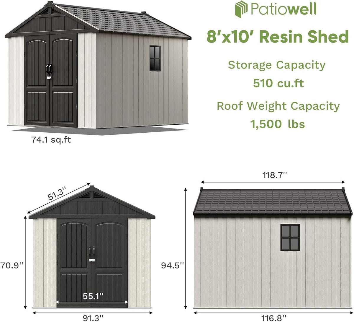 patiowell 8x10 ft resin outdoor storage shed with showing dimensions