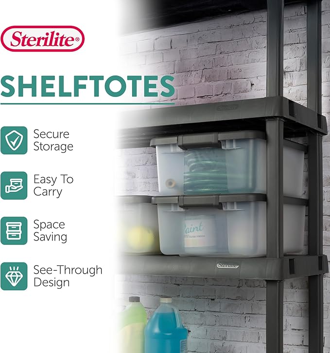 Sterilite 6-Pack ShelfTote, Clear Plastic Storage Bins with Lids, 25 Quart, Gray - Stackable Organizing Container Boxes for Closet, Bathroom, and Office