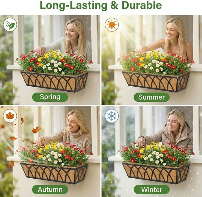 24 Inch Window Deck with Coco Liner, 24" Window Boxes Horse Trough with Coconut Coir Liner, Fence Metal Hanging Flower Planter Window Basket Deck Railing Planter Boxes for Outdoor Garden Lawn, 2pcs